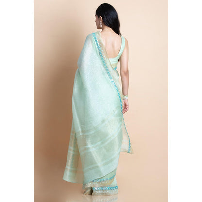 Saksham & Neharicka Mint Green Embellished Linen Silk Saree With Unstitched Blouse