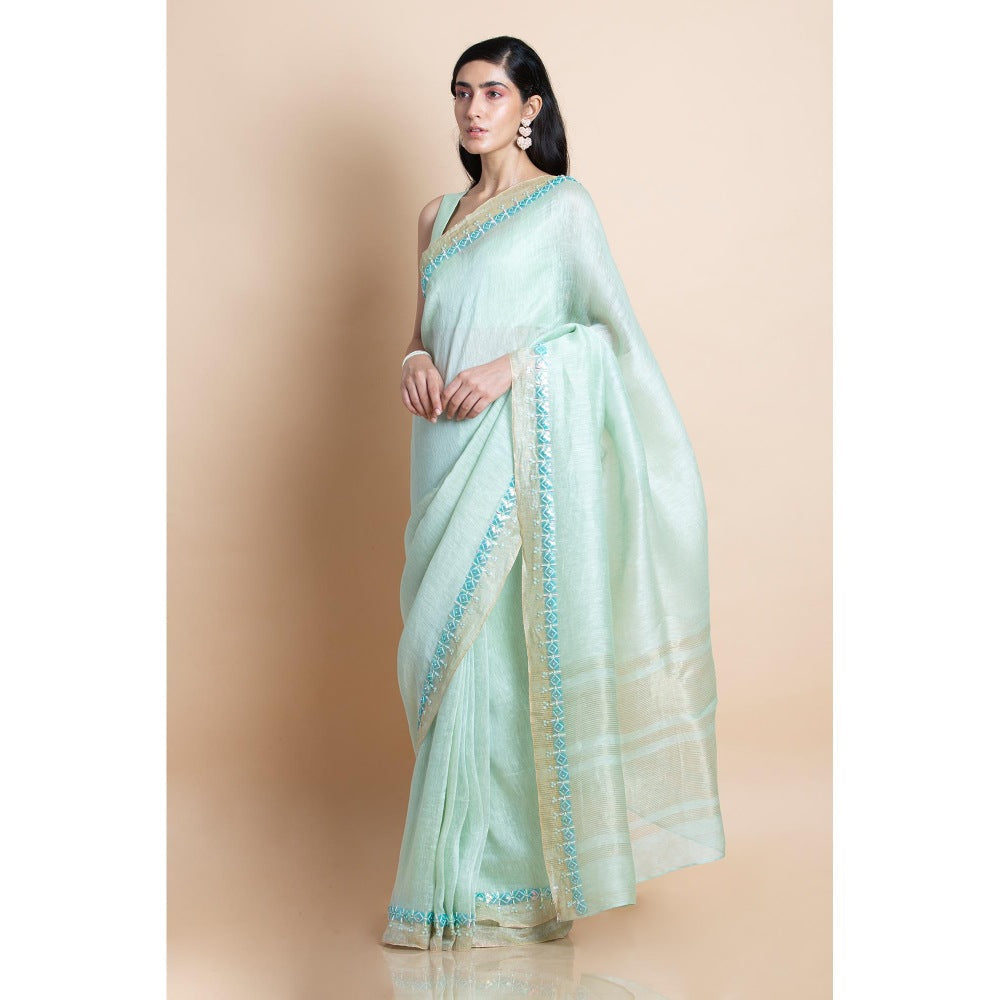Saksham & Neharicka Mint Green Embellished Linen Silk Saree With Unstitched Blouse