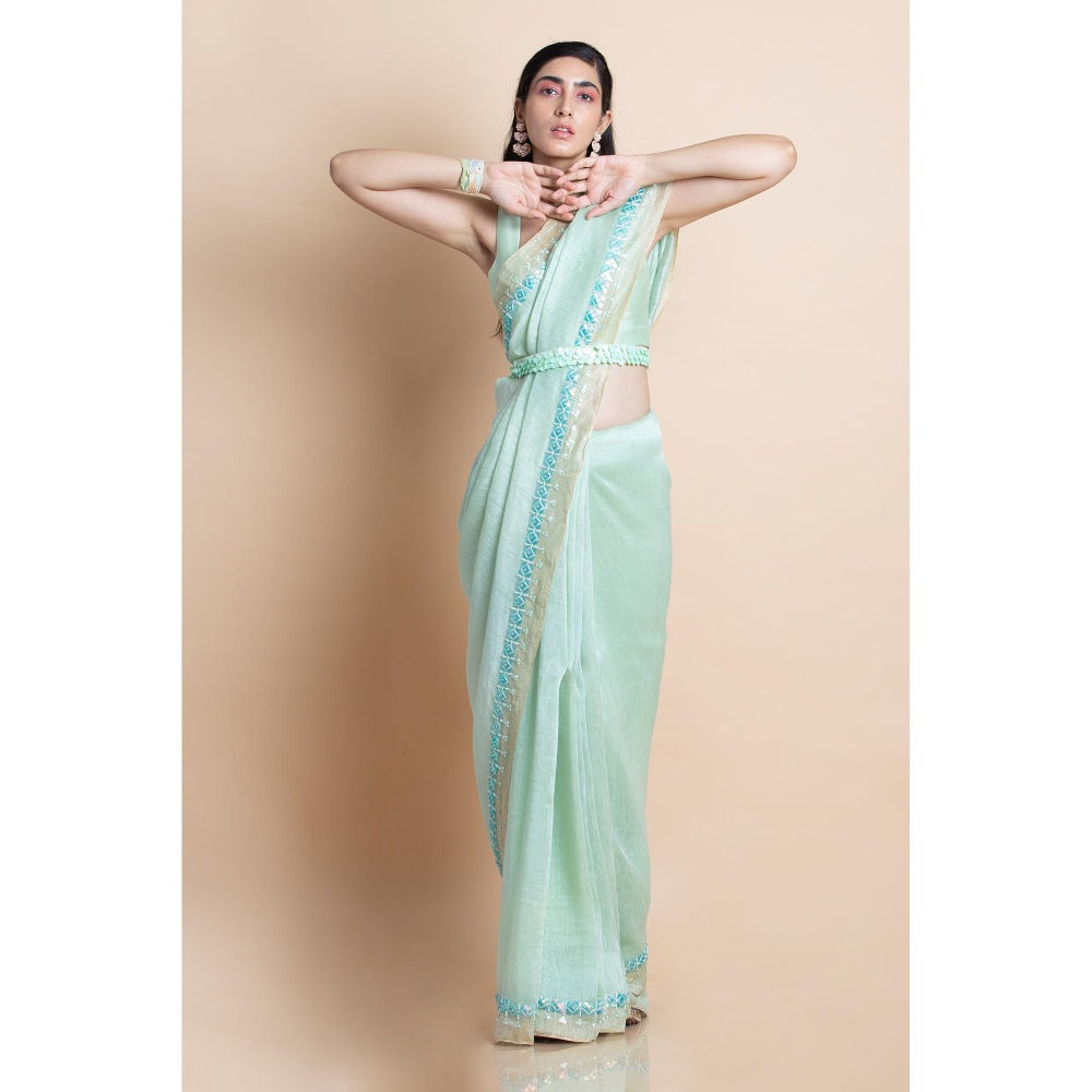 Saksham & Neharicka Mint Green Embellished Linen Silk Saree With Unstitched Blouse