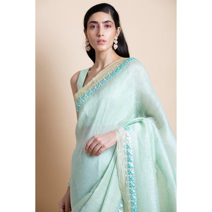 Saksham & Neharicka Mint Green Embellished Linen Silk Saree With Unstitched Blouse