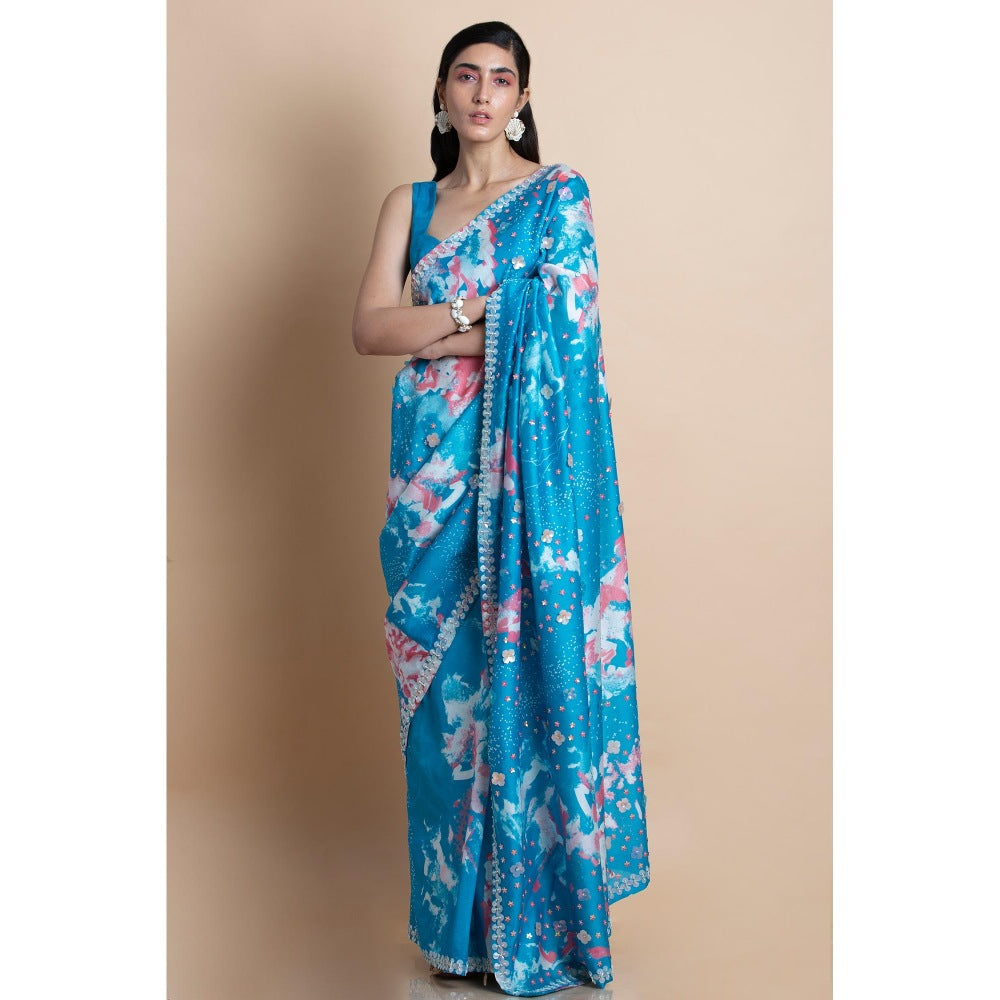 Saksham & Neharicka Blue Printed Saree With Unstitched Blouse