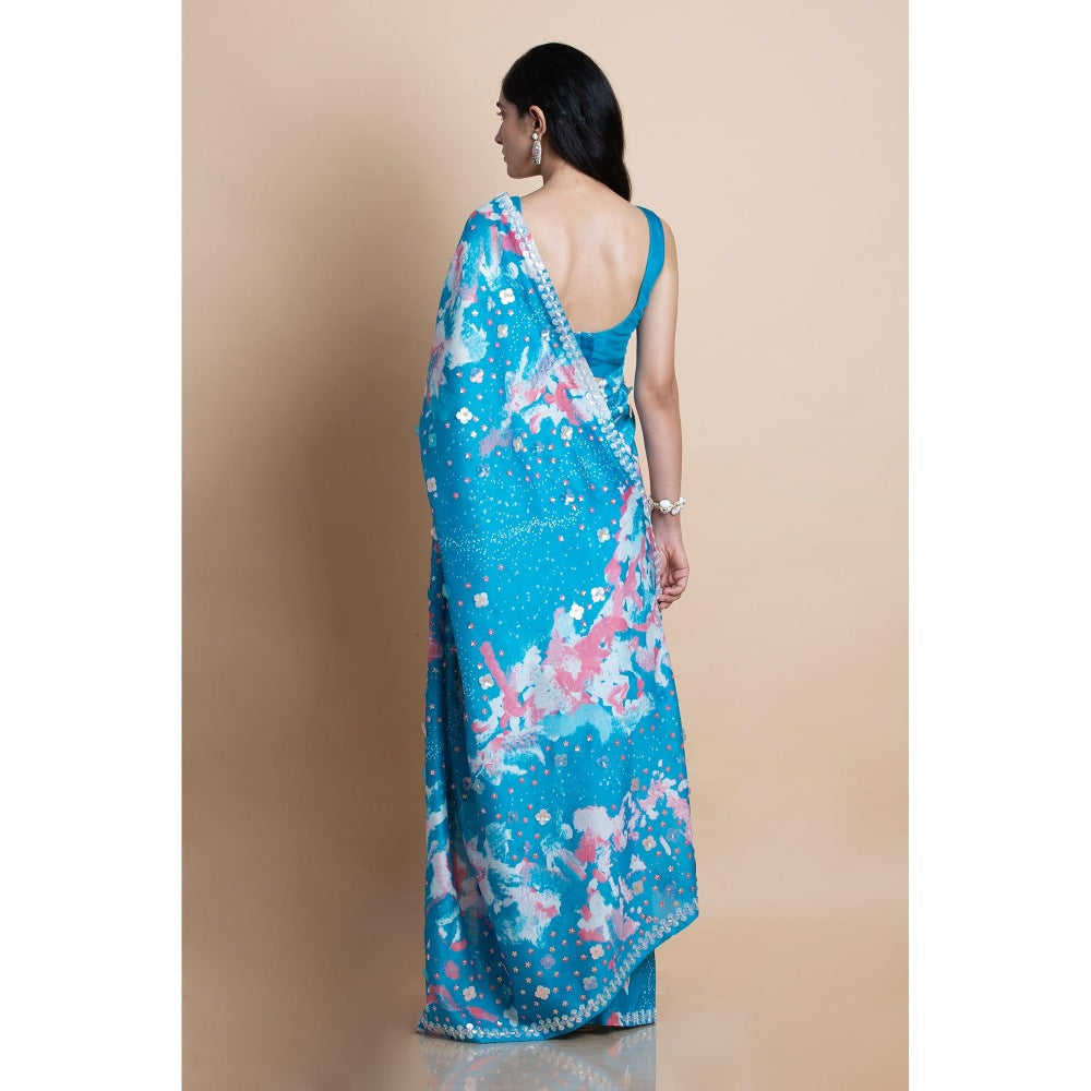 Saksham & Neharicka Blue Printed Saree With Unstitched Blouse