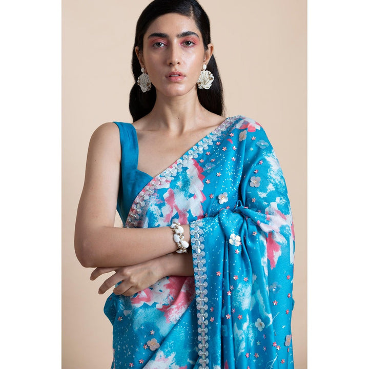 Saksham & Neharicka Blue Printed Saree With Unstitched Blouse