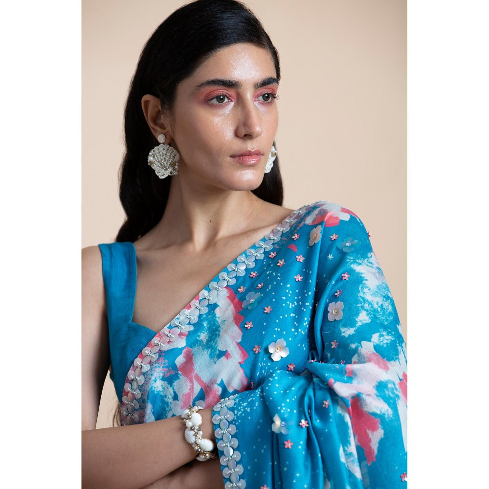 Saksham & Neharicka Blue Printed Saree With Unstitched Blouse