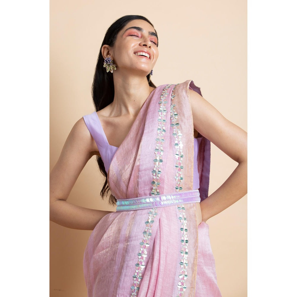 Saksham & Neharicka Lilac Embellished Linen Silk Saree With Unstitched Blouse