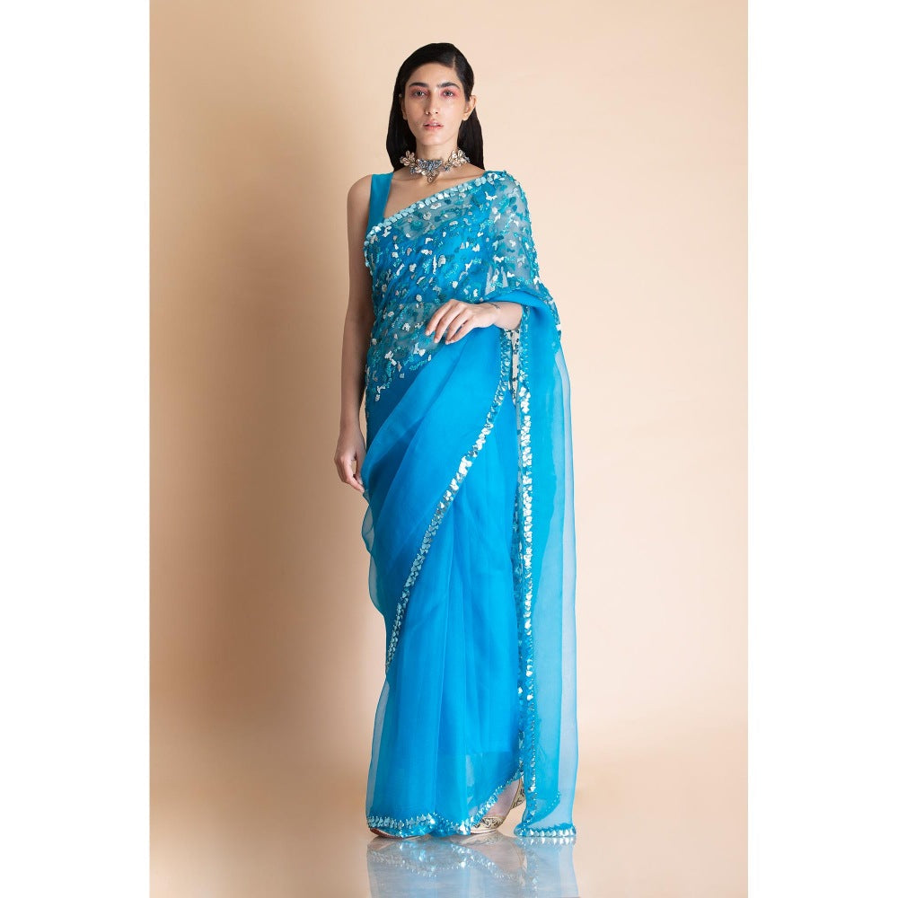 Saksham & Neharicka Azure Blue Embellished Silk Organza Saree With Unstitched Blouse