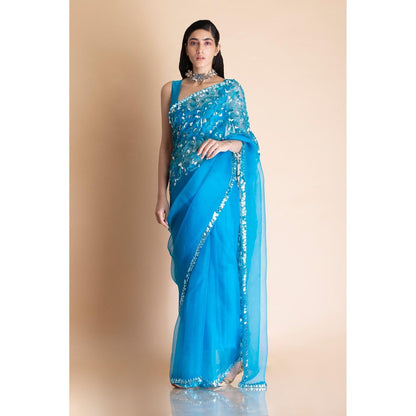 Saksham & Neharicka Azure Blue Embellished Silk Organza Saree With Unstitched Blouse
