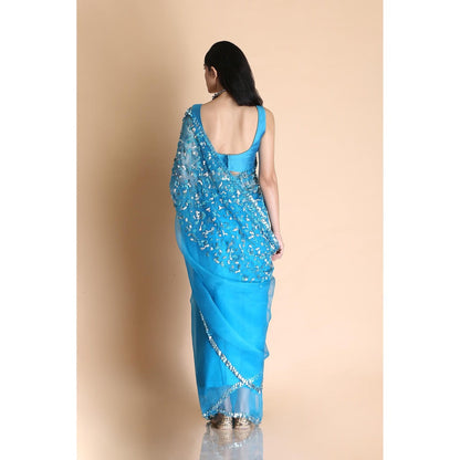 Saksham & Neharicka Azure Blue Embellished Silk Organza Saree With Unstitched Blouse