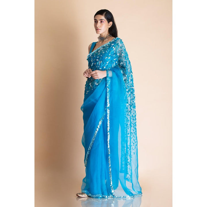 Saksham & Neharicka Azure Blue Embellished Silk Organza Saree With Unstitched Blouse