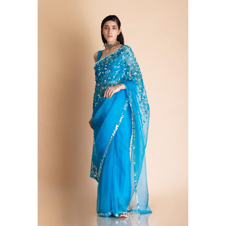 Saksham & Neharicka Azure Blue Embellished Silk Organza Saree With Unstitched Blouse