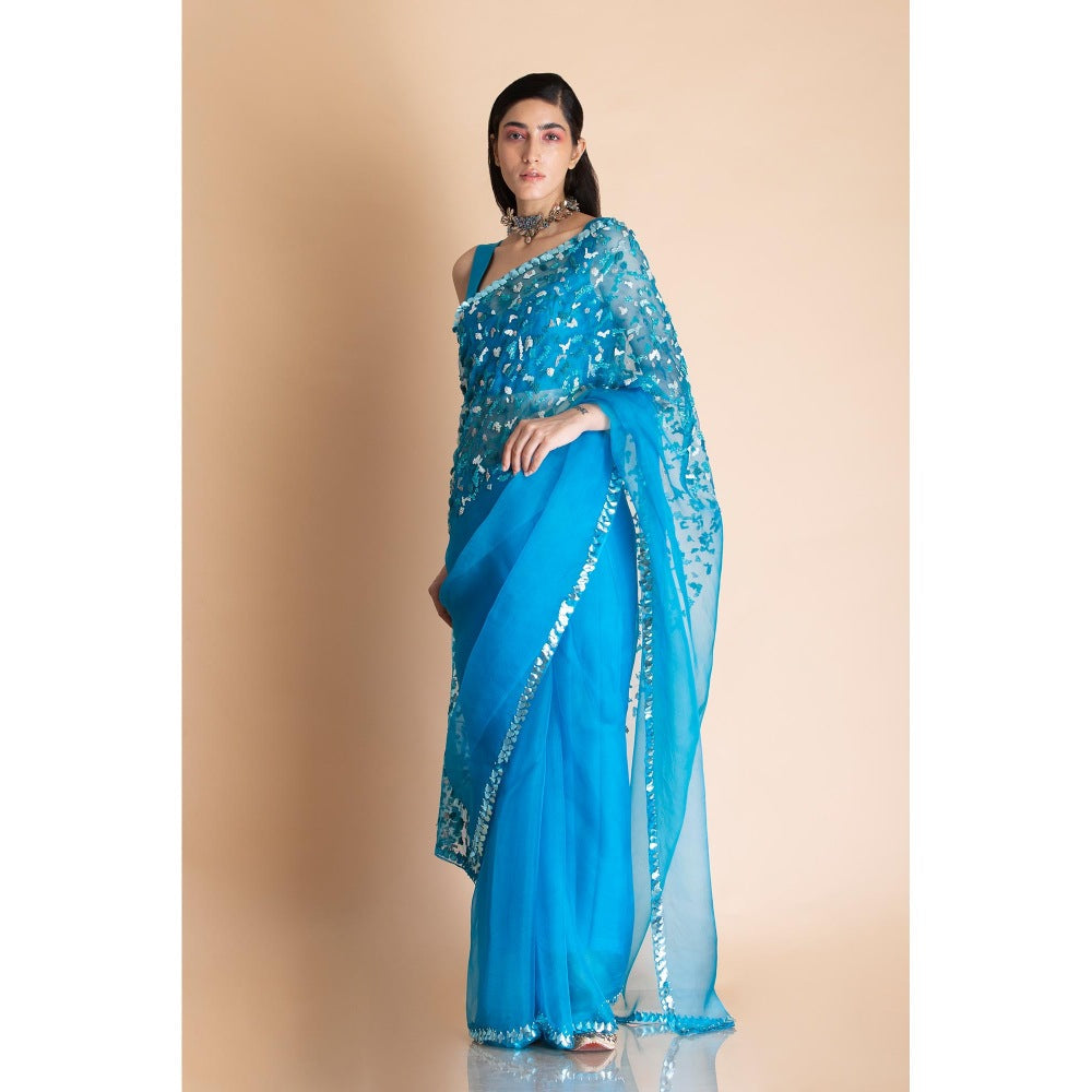 Saksham & Neharicka Azure Blue Embellished Silk Organza Saree With Unstitched Blouse