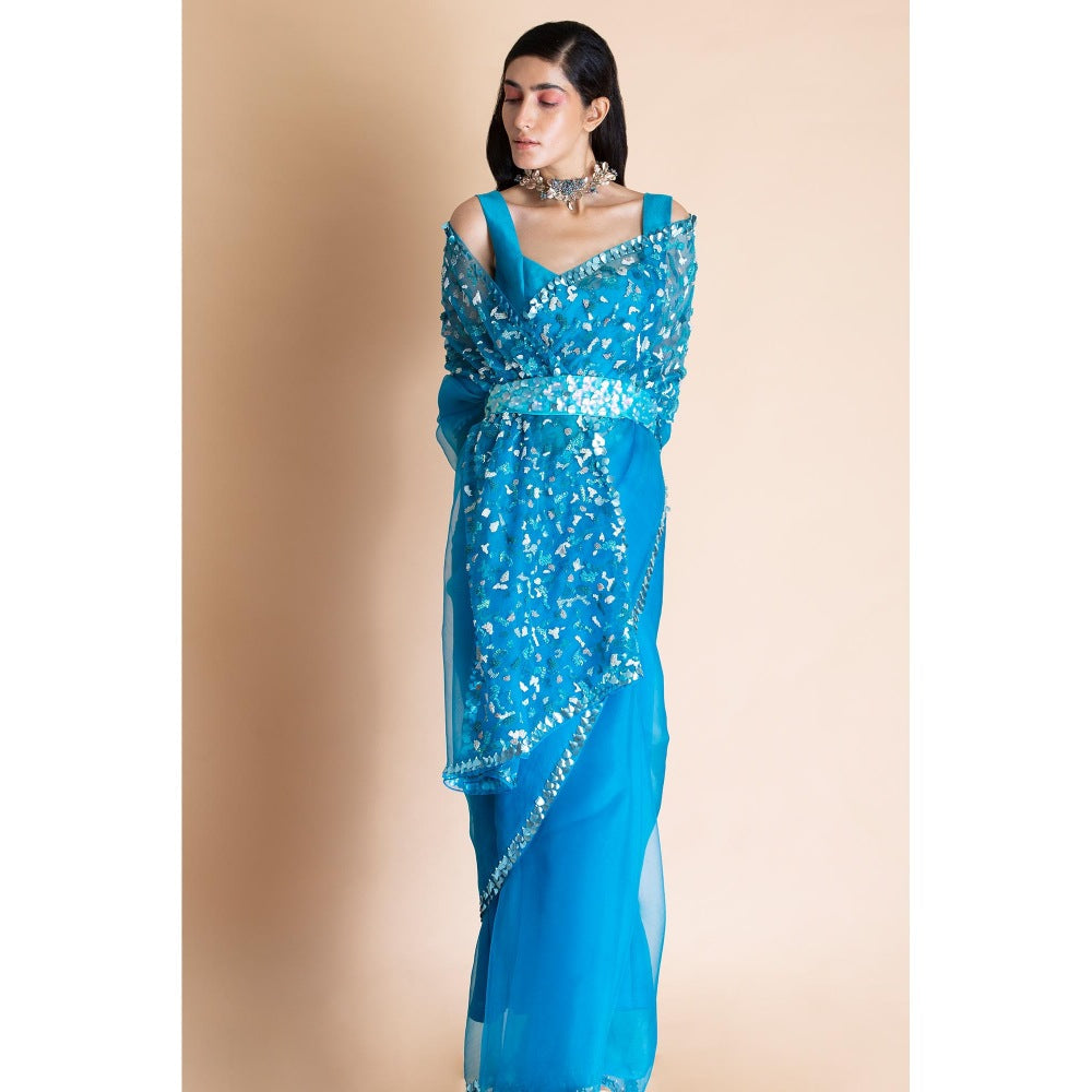 Saksham & Neharicka Azure Blue Embellished Silk Organza Saree With Unstitched Blouse