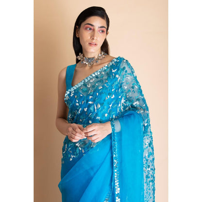 Saksham & Neharicka Azure Blue Embellished Silk Organza Saree With Unstitched Blouse