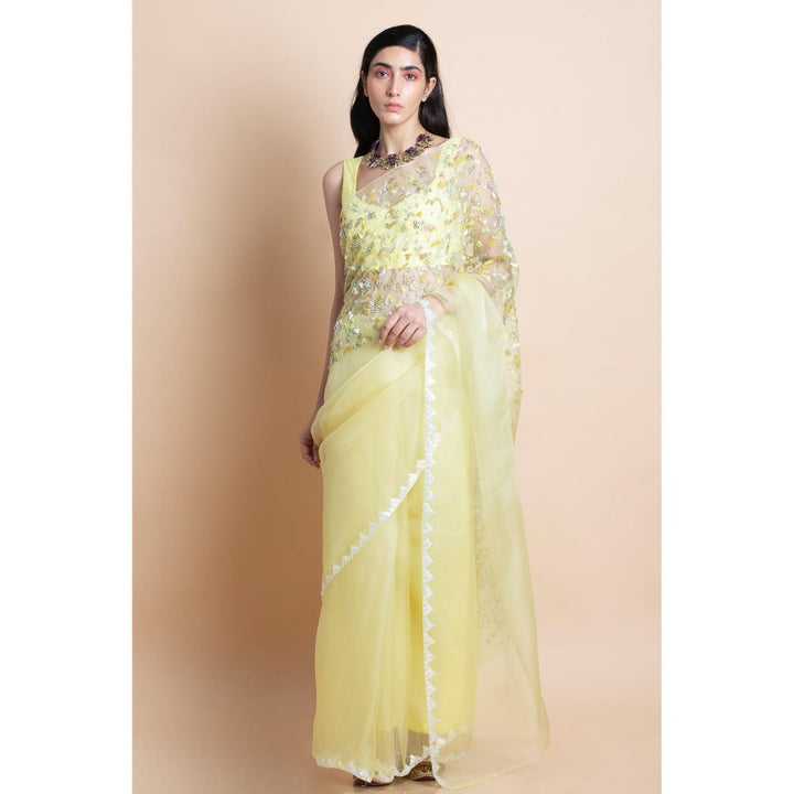 Saksham & Neharicka Lime Yellow Embellished Silk Organza Saree With Unstitched Blouse