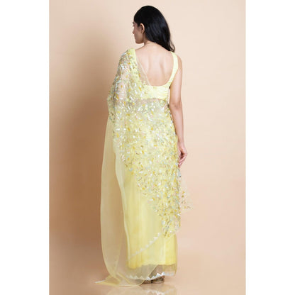 Saksham & Neharicka Lime Yellow Embellished Silk Organza Saree With Unstitched Blouse