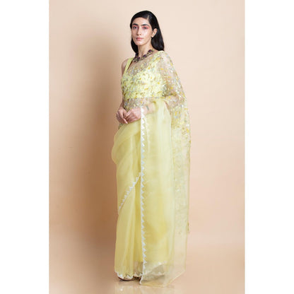 Saksham & Neharicka Lime Yellow Embellished Silk Organza Saree With Unstitched Blouse