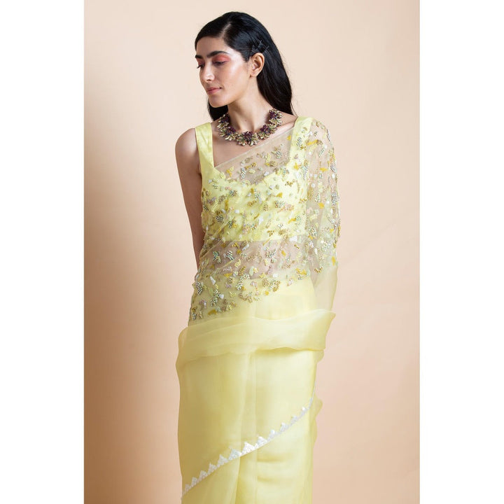 Saksham & Neharicka Lime Yellow Embellished Silk Organza Saree With Unstitched Blouse