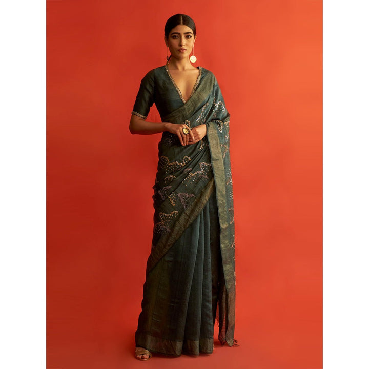 Saksham & Neharicka Emerald Green Embroidered Silk Saree With Unstitched Blouse