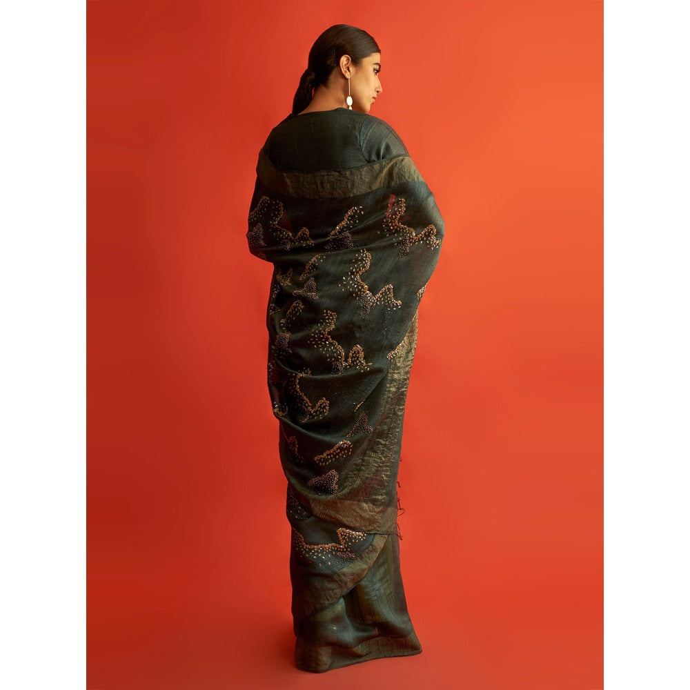 Saksham & Neharicka Emerald Green Embroidered Silk Saree With Unstitched Blouse