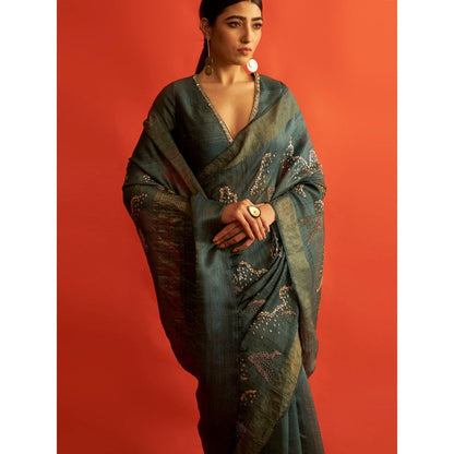 Saksham & Neharicka Emerald Green Embroidered Silk Saree With Unstitched Blouse