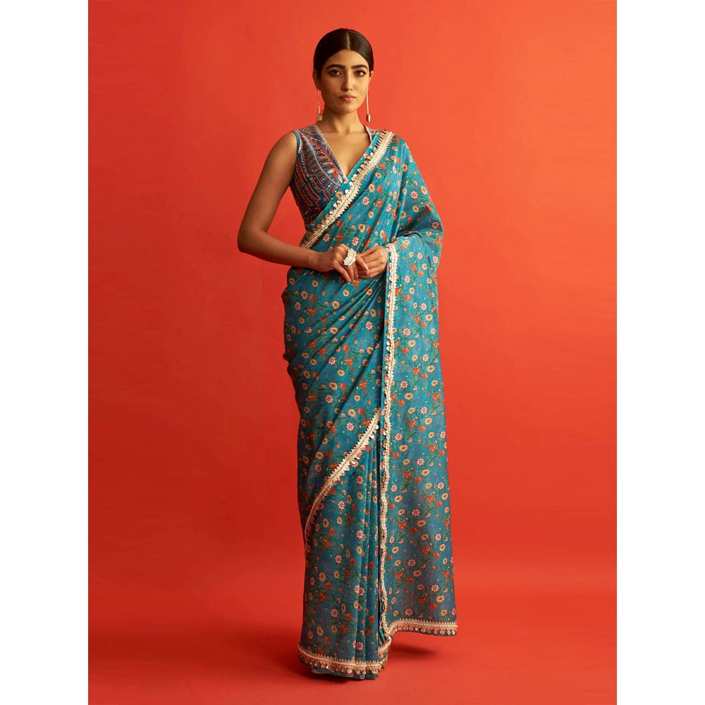 Saksham & Neharicka Blue Printed And Chanderi Saree With Unstitched Blouse