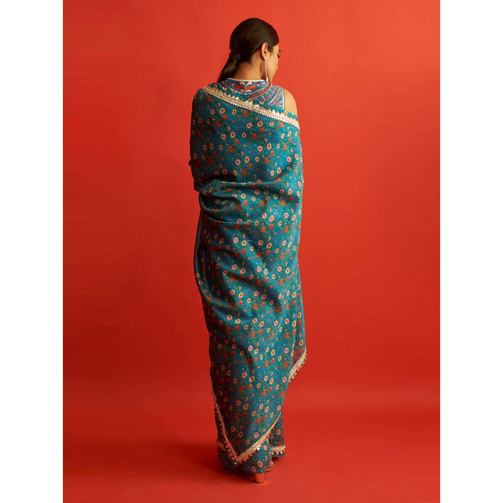 Saksham & Neharicka Blue Printed And Chanderi Saree With Unstitched Blouse