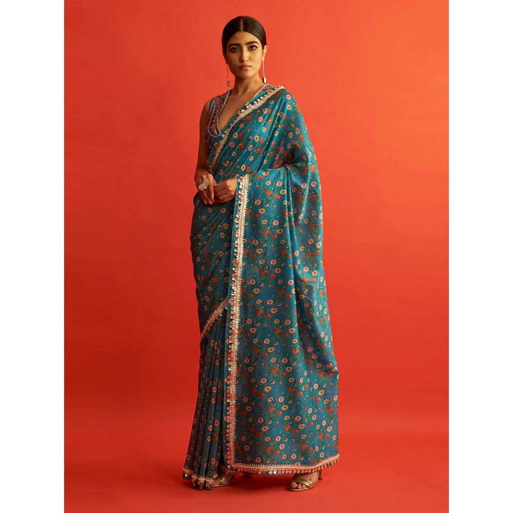 Saksham & Neharicka Blue Printed And Chanderi Saree With Unstitched Blouse