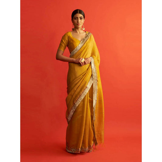 Saksham & Neharicka Mustard Yellow Tusser Silk Saree With Unstitched Blouse