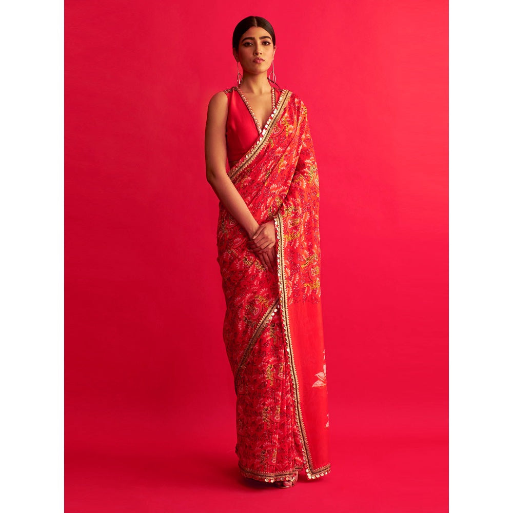 Saksham & Neharicka Tiger Printed & Embroidered Saree With Unstitched Blouse