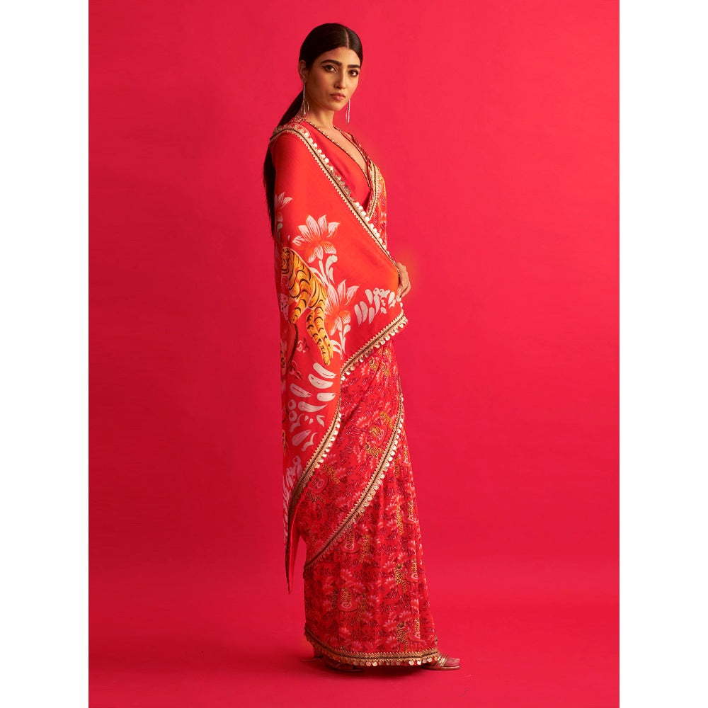 Saksham & Neharicka Tiger Printed & Embroidered Saree With Unstitched Blouse