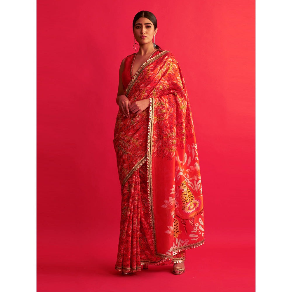Saksham & Neharicka Tiger Printed & Embroidered Saree With Unstitched Blouse