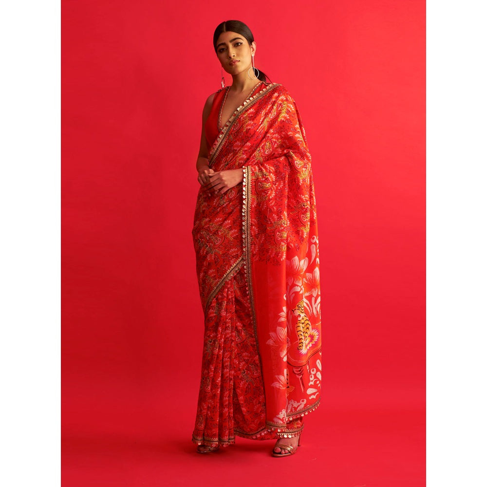 Saksham & Neharicka Tiger Printed & Embroidered Saree With Unstitched Blouse