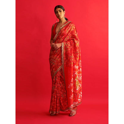 Saksham & Neharicka Tiger Printed & Embroidered Saree With Unstitched Blouse