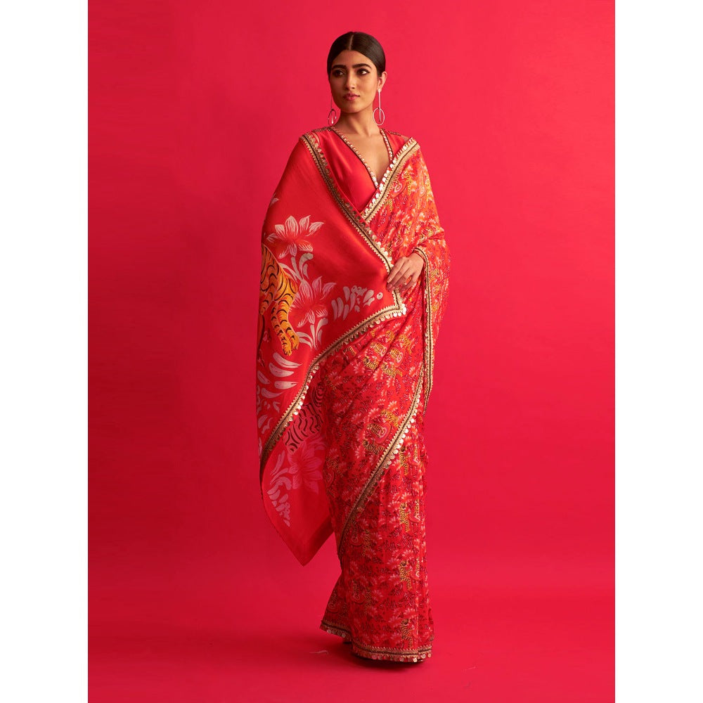 Saksham & Neharicka Tiger Printed & Embroidered Saree With Unstitched Blouse