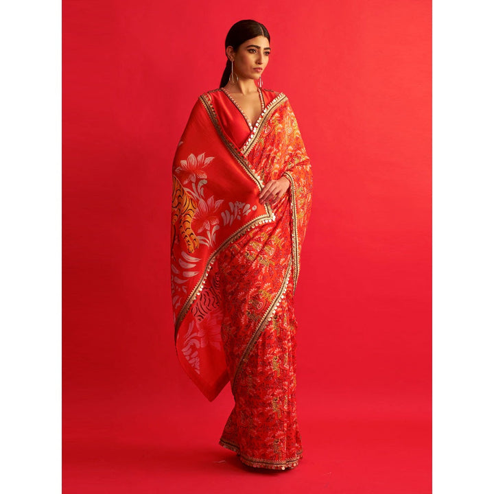Saksham & Neharicka Tiger Printed & Embroidered Saree With Unstitched Blouse