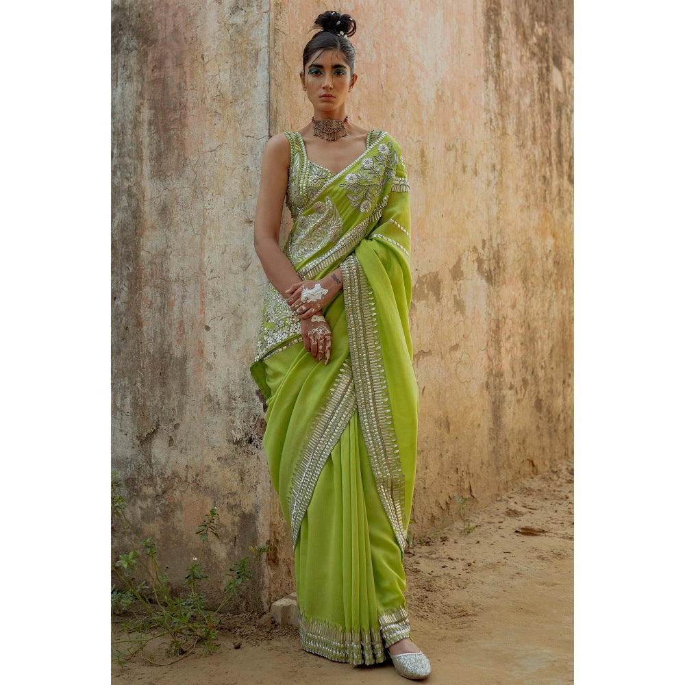 Saksham & Neharicka Green Saree in Chanderi Patchwork And Embroidery With Unstitched Blouse