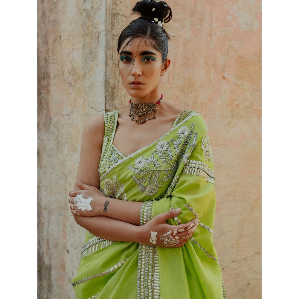 Saksham & Neharicka Green Saree in Chanderi Patchwork And Embroidery With Unstitched Blouse