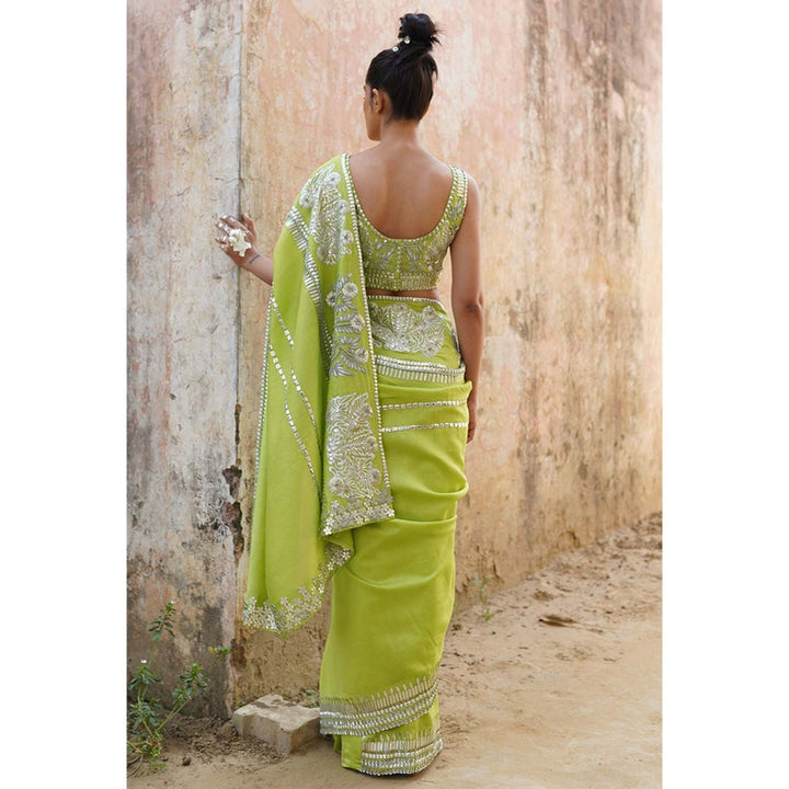 Saksham & Neharicka Green Saree in Chanderi Patchwork And Embroidery With Unstitched Blouse