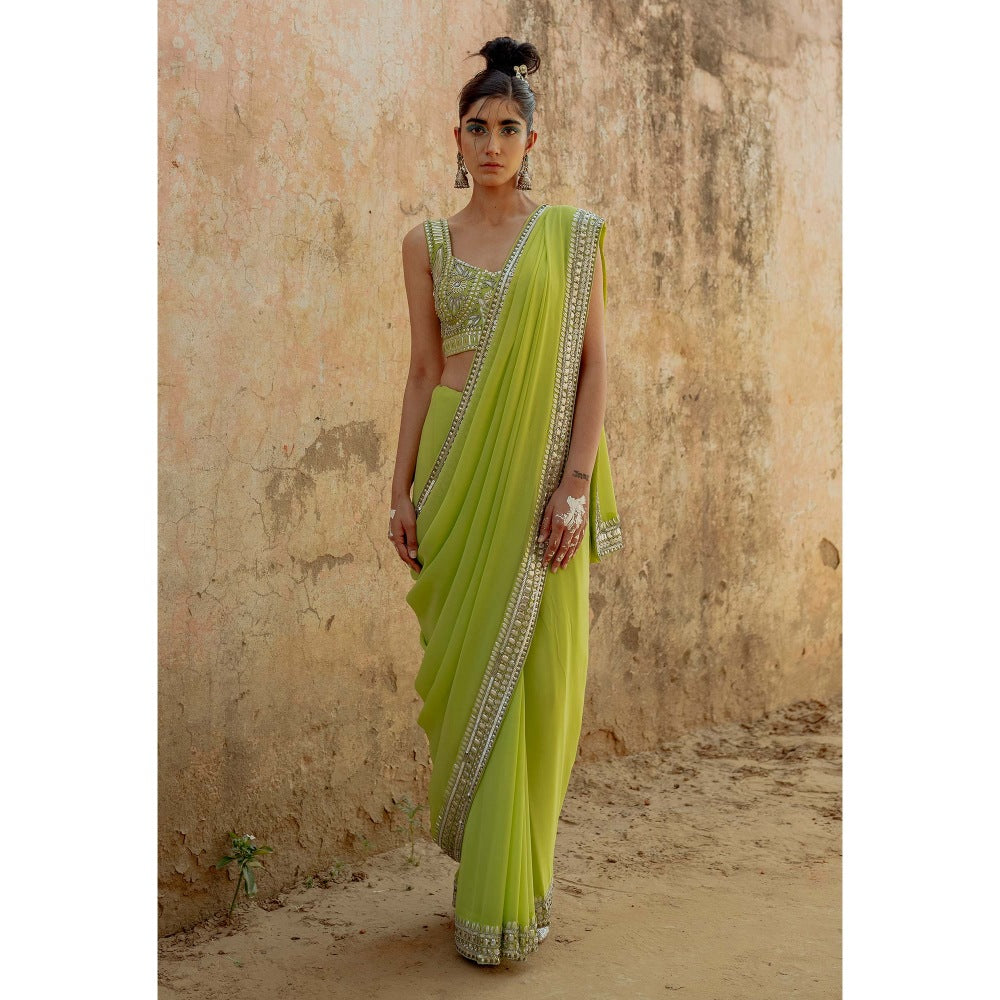 Saksham & Neharicka Green Hand Embroidered Saree in Georgette With Unstitched Blouse