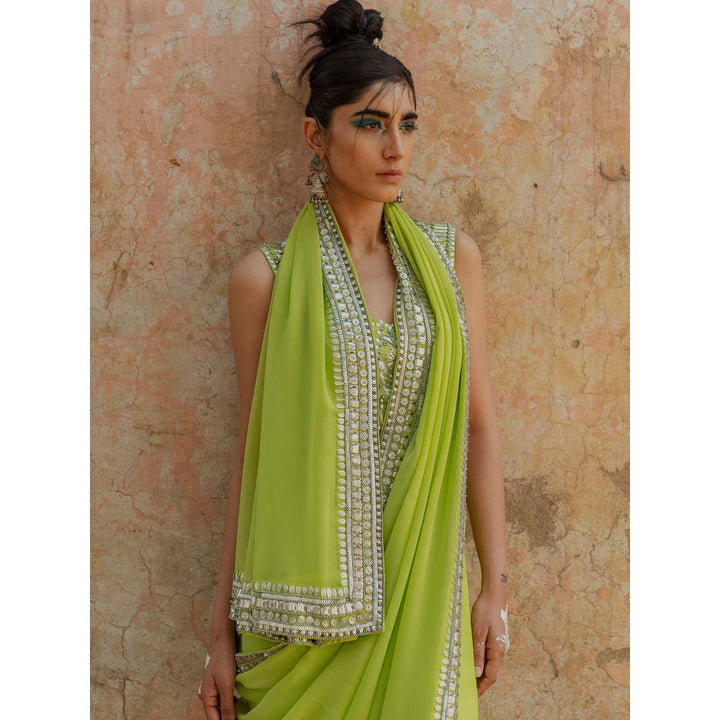 Saksham & Neharicka Green Hand Embroidered Saree in Georgette With Unstitched Blouse