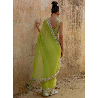 Saksham & Neharicka Green Hand Embroidered Saree in Georgette With Unstitched Blouse