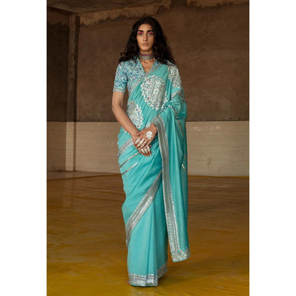 Saksham & Neharicka Firozi Embroidered Saree in Chanderi With Unstitched Blouse