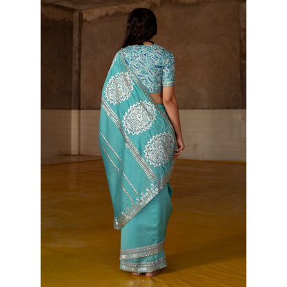 Saksham & Neharicka Firozi Embroidered Saree in Chanderi With Unstitched Blouse