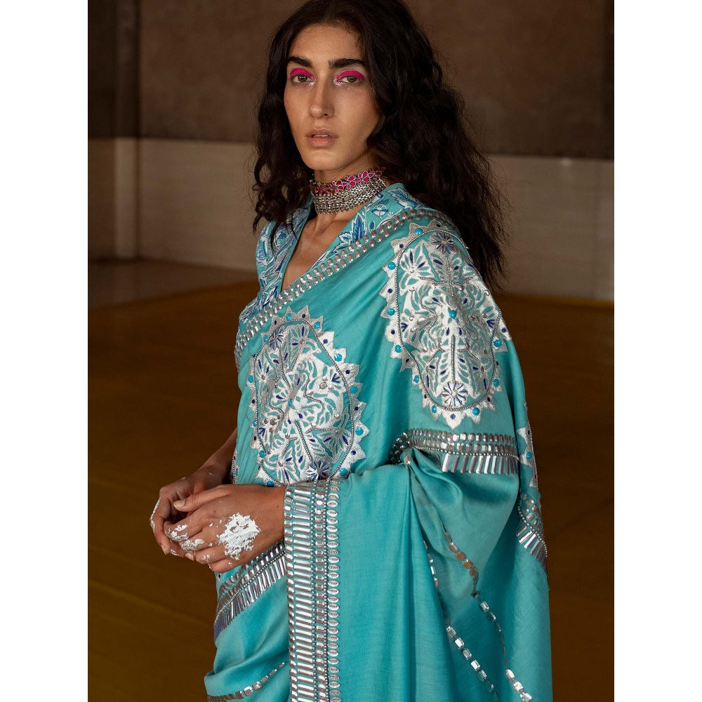 Saksham & Neharicka Firozi Embroidered Saree in Chanderi With Unstitched Blouse