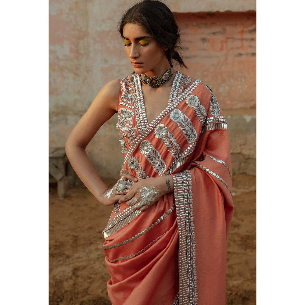 Saksham & Neharicka Coral Embroidered Saree in Chanderi With Unstitched Blouse