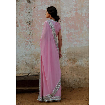 Saksham & Neharicka Pink Embroidered Saree in Georgette With Unstitched Blouse