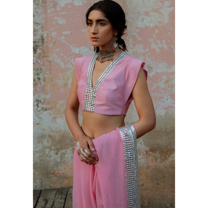 Saksham & Neharicka Pink Embroidered Saree in Georgette With Unstitched Blouse