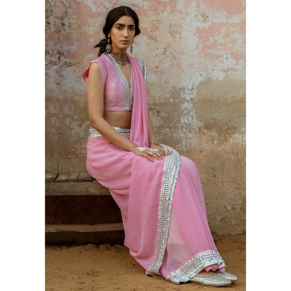 Saksham & Neharicka Pink Embroidered Saree in Georgette With Unstitched Blouse