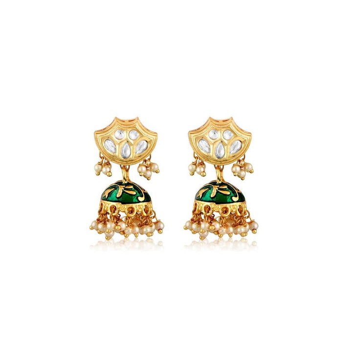 Curio Cottage Meira Kundan and Green Enameled Small Jhumki Earrings