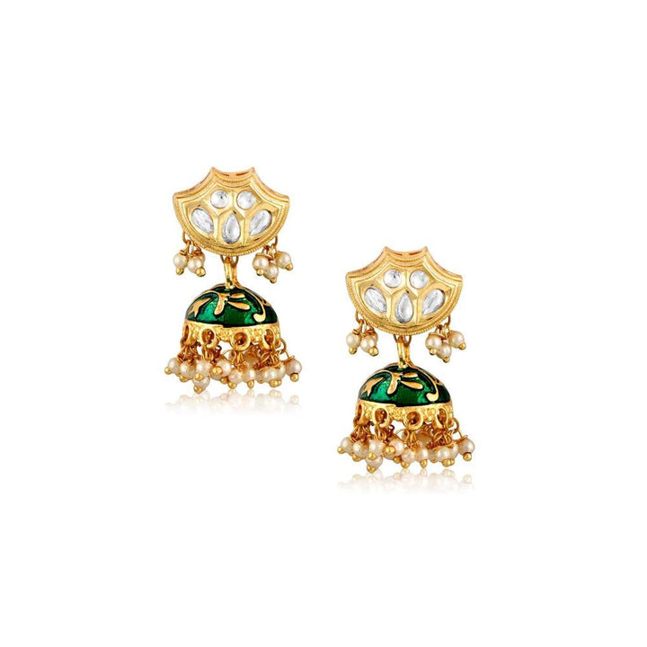 Curio Cottage Meira Kundan and Green Enameled Small Jhumki Earrings